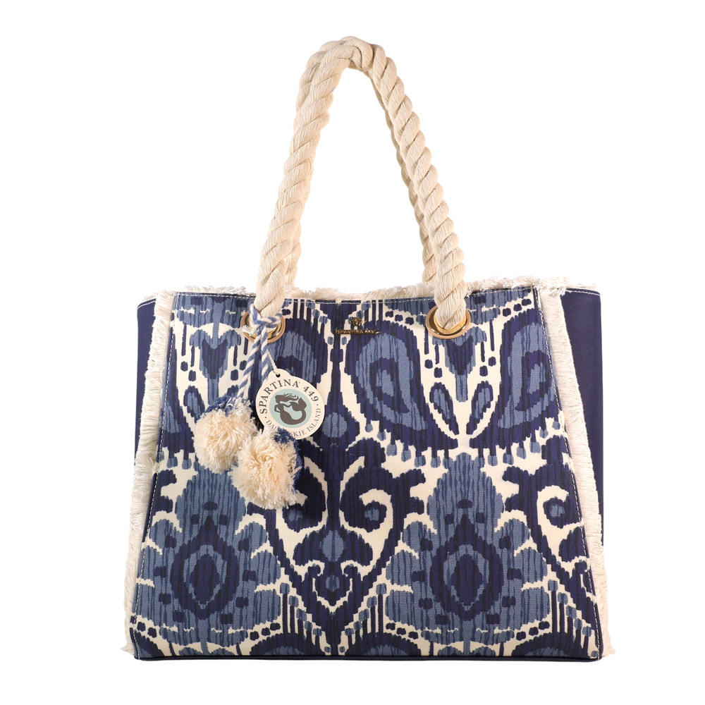 Spartina 449 Moonglade Boho Beach Tote–Large Rope Handle Bag-Blue Ikat - NWT
